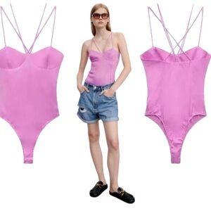 Zara pink satin effect strappy bustier sweetheart neckline bodysuit Sz S NWT